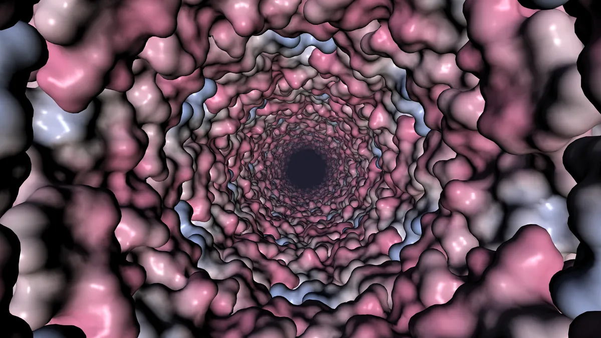 A tunnel of pink and blue surface rings receding to a dark centre